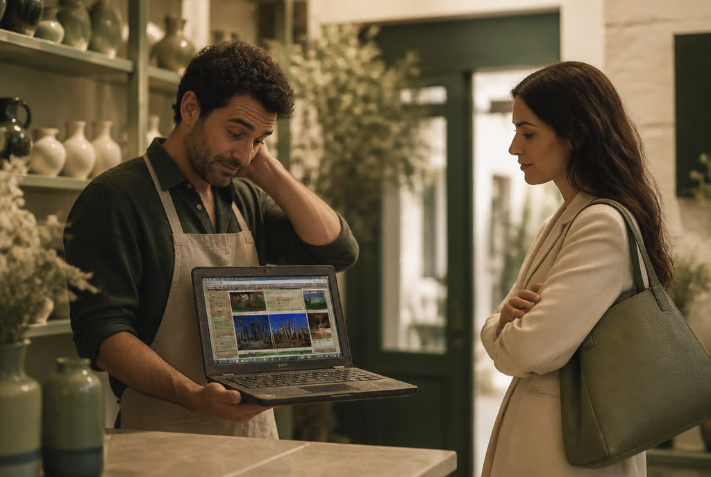 Παλιό, εγκαταλειμμένο website σε σκονισμένο laptop μπροστά σε πελάτη